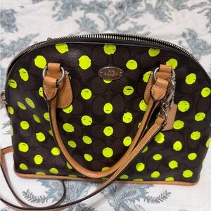 Coach Brown and Neon Yellow Polka Dot Satchel